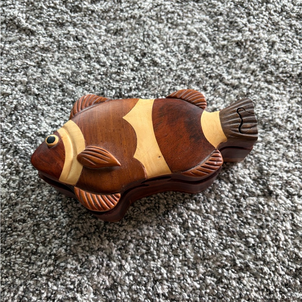 Handcrafted Wooden Fish Puzzle Box - Brown and Tan